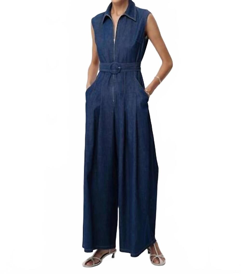 NEW EXQUISE keith sleeveless front zipper belted denim jumpsuit in blue